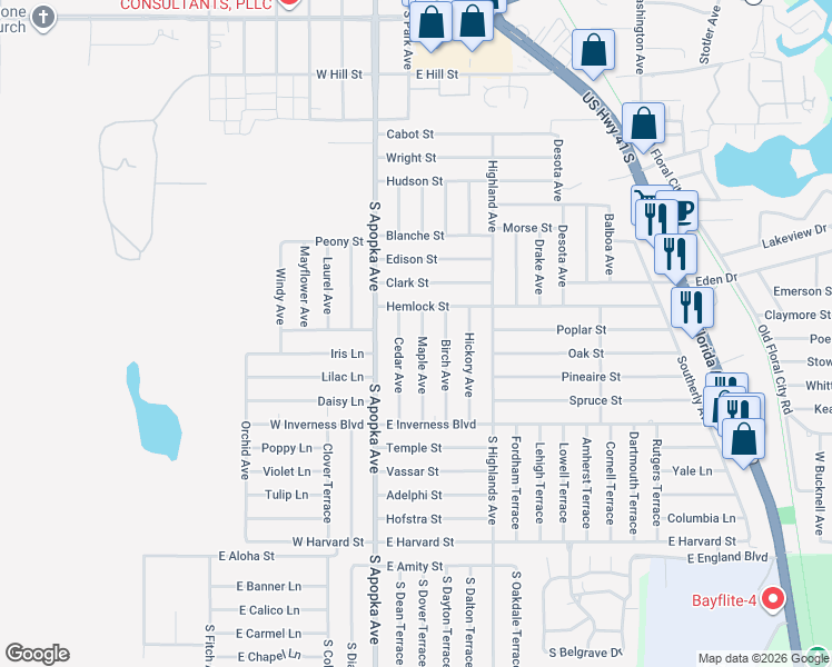 map of restaurants, bars, coffee shops, grocery stores, and more near 832 Cedar Avenue in Inverness