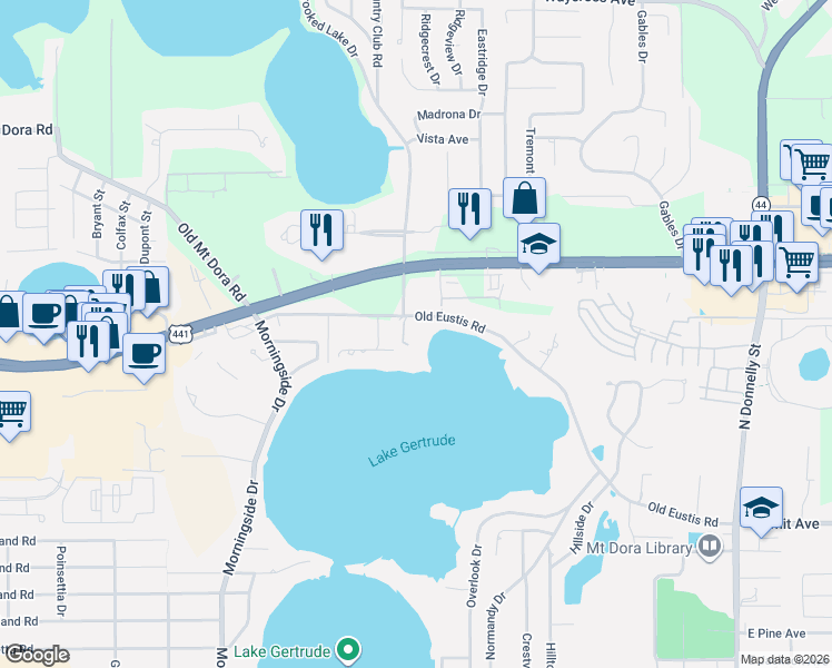 map of restaurants, bars, coffee shops, grocery stores, and more near 2720 Sandspur Point in Mount Dora