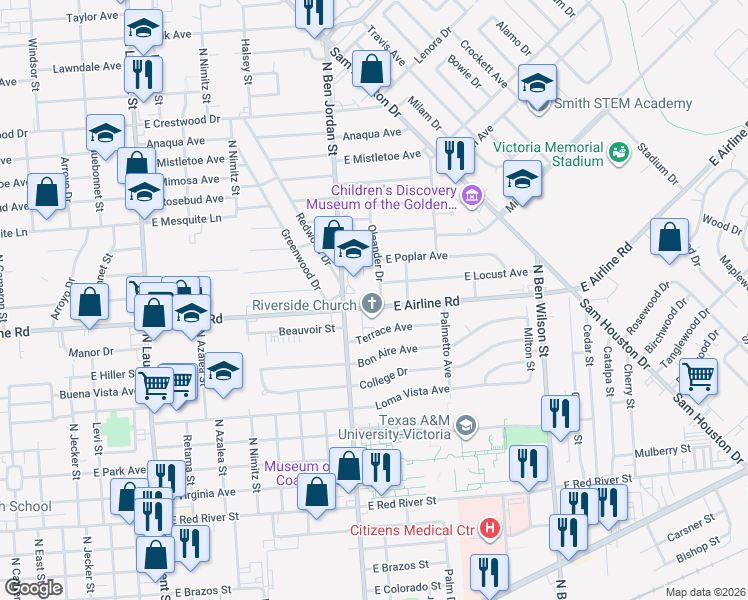 map of restaurants, bars, coffee shops, grocery stores, and more near 3405 Oleander Drive in Victoria