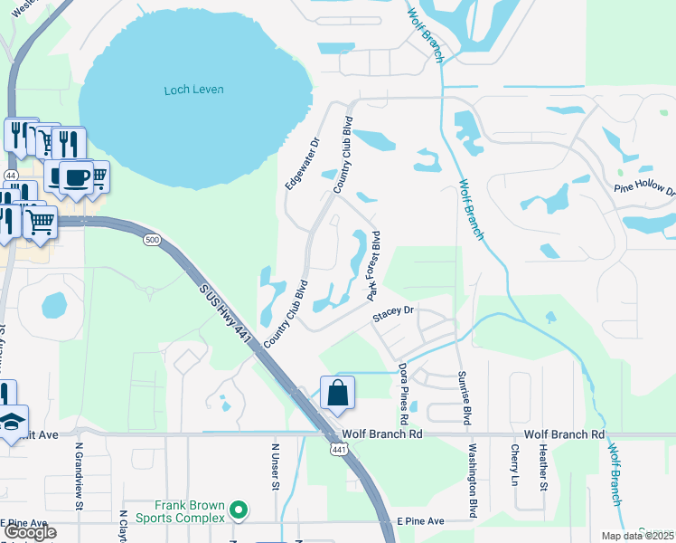 map of restaurants, bars, coffee shops, grocery stores, and more near 1630 Stafford Springs Boulevard in Mount Dora