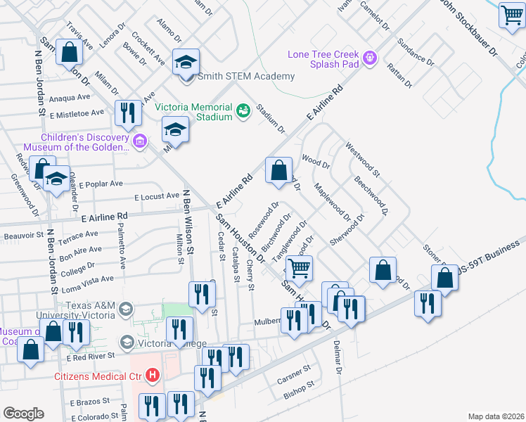 map of restaurants, bars, coffee shops, grocery stores, and more near 305 Rosewood Drive in Victoria