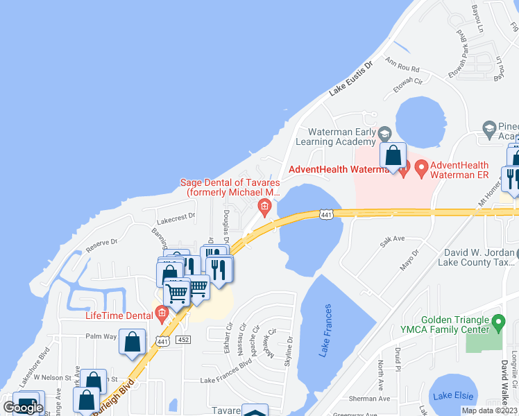 map of restaurants, bars, coffee shops, grocery stores, and more near 59 Joy Lane in Tavares