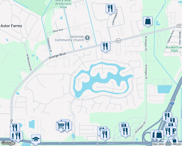 map of restaurants, bars, coffee shops, grocery stores, and more near 4957 Maple Glen Place in Sanford