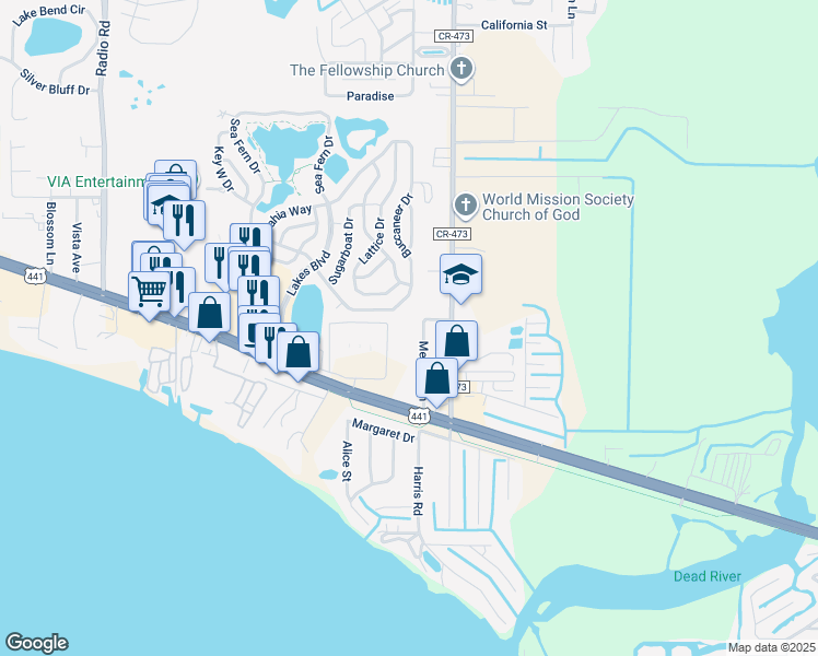 map of restaurants, bars, coffee shops, grocery stores, and more near 32443 Memory Lane in Leesburg