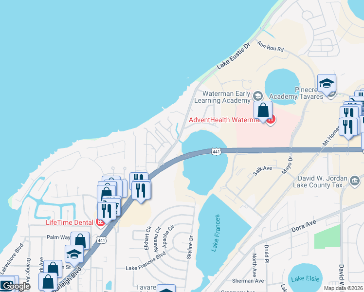 map of restaurants, bars, coffee shops, grocery stores, and more near 32524 Lake Eustis Drive in Tavares