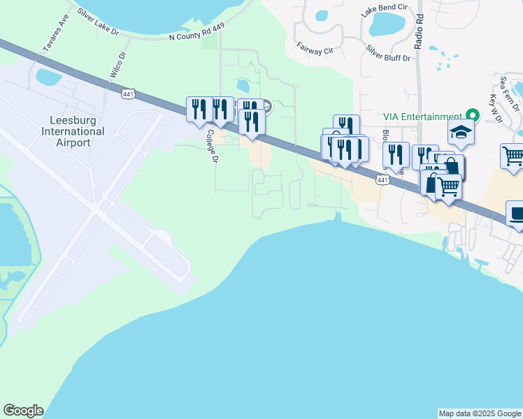map of restaurants, bars, coffee shops, grocery stores, and more near 9624 Seaview Drive in Leesburg