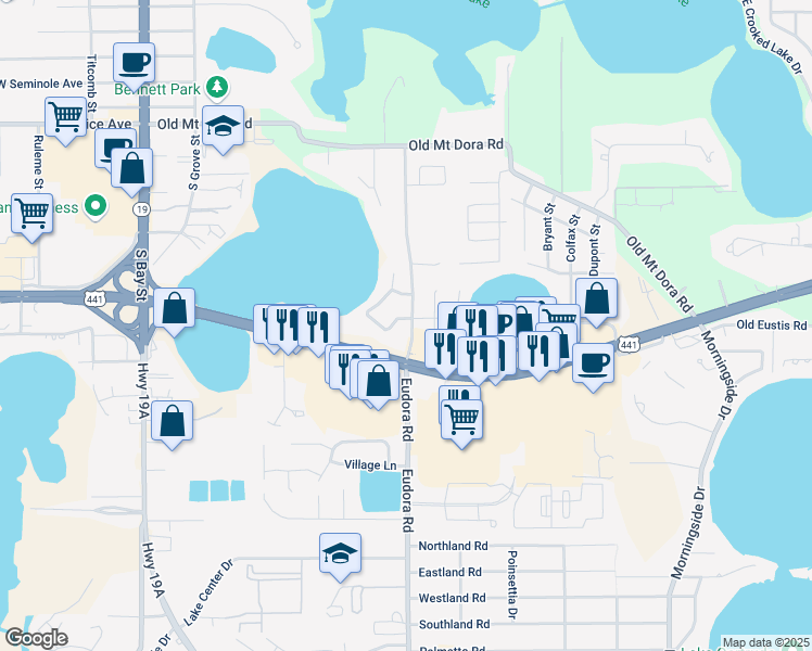 map of restaurants, bars, coffee shops, grocery stores, and more near 3027 Lake Woodward Drive in Eustis