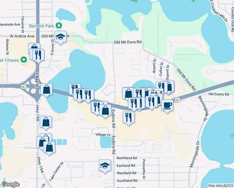 map of restaurants, bars, coffee shops, grocery stores, and more near 3027 Lake Woodward Drive in Eustis
