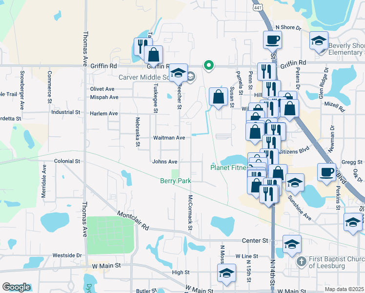 map of restaurants, bars, coffee shops, grocery stores, and more near 902 Beecher Street in Leesburg