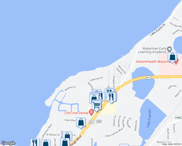 map of restaurants, bars, coffee shops, grocery stores, and more near 175 Shorewood Drive in Tavares