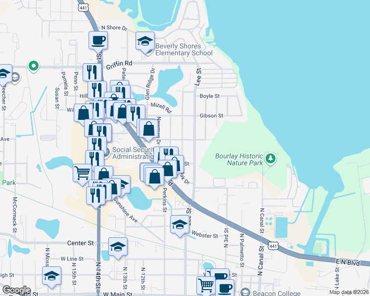 map of restaurants, bars, coffee shops, grocery stores, and more near 912 Oak Drive in Leesburg