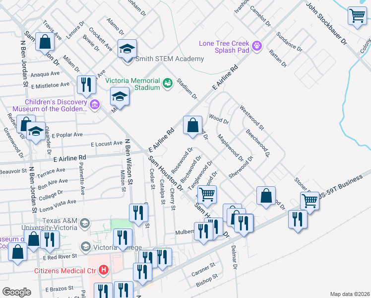 map of restaurants, bars, coffee shops, grocery stores, and more near 305 Rosewood Drive in Victoria