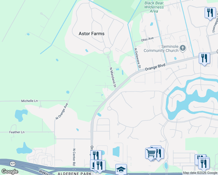 map of restaurants, bars, coffee shops, grocery stores, and more near 5378 Orange Boulevard in Sanford