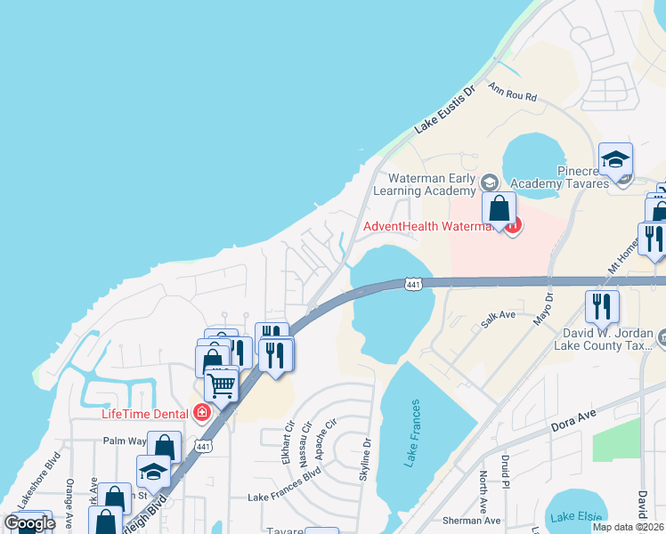 map of restaurants, bars, coffee shops, grocery stores, and more near 32524 Lake Eustis Drive in Tavares