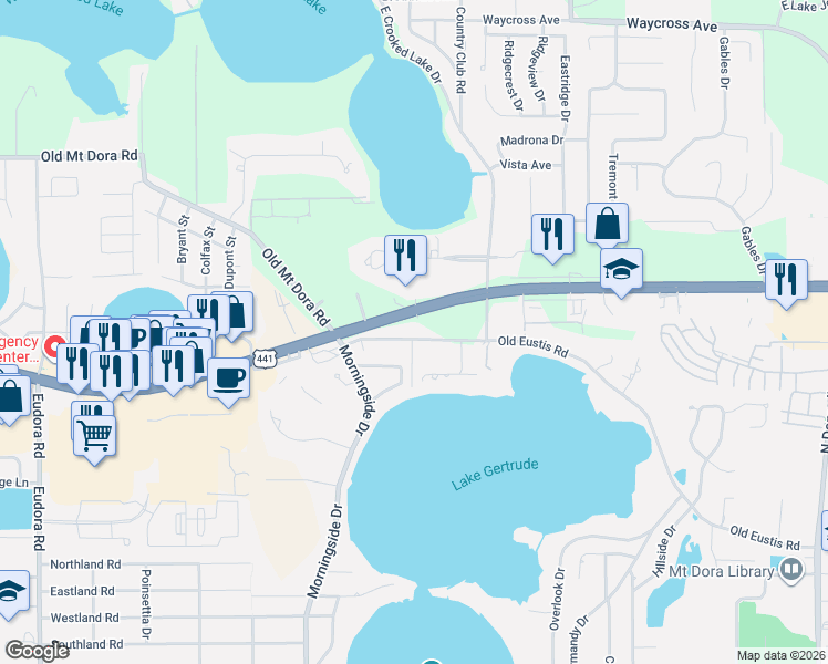 map of restaurants, bars, coffee shops, grocery stores, and more near 1515 Old Eustis Road in Mount Dora