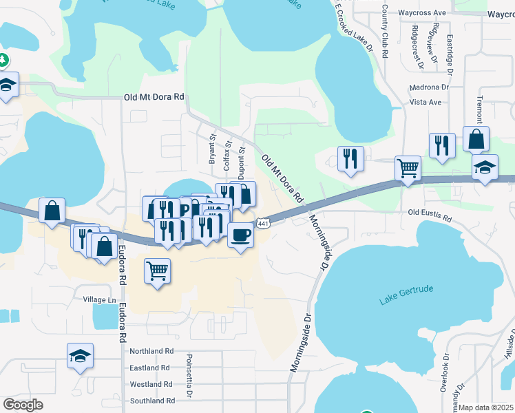 map of restaurants, bars, coffee shops, grocery stores, and more near 17521 U.S. 441 in Mount Dora
