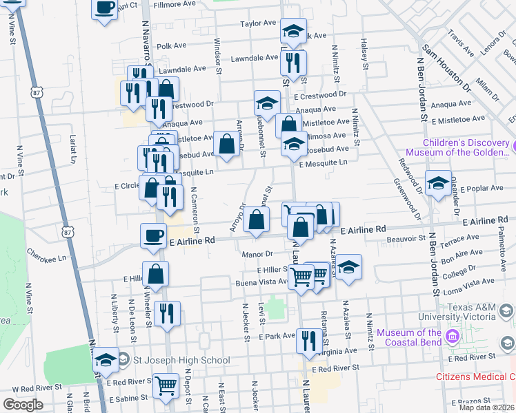 map of restaurants, bars, coffee shops, grocery stores, and more near 2905 Bluebonnet Street in Victoria