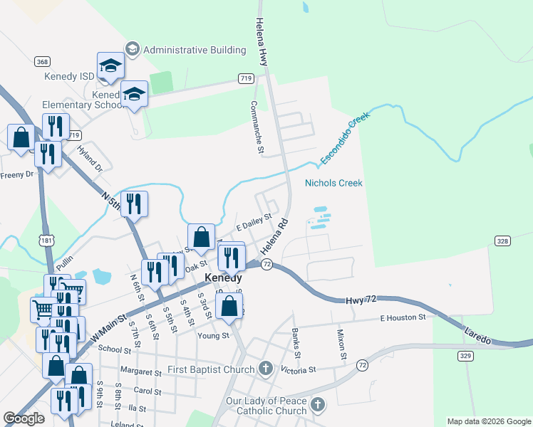 map of restaurants, bars, coffee shops, grocery stores, and more near 301 East Dailey Street in Kenedy