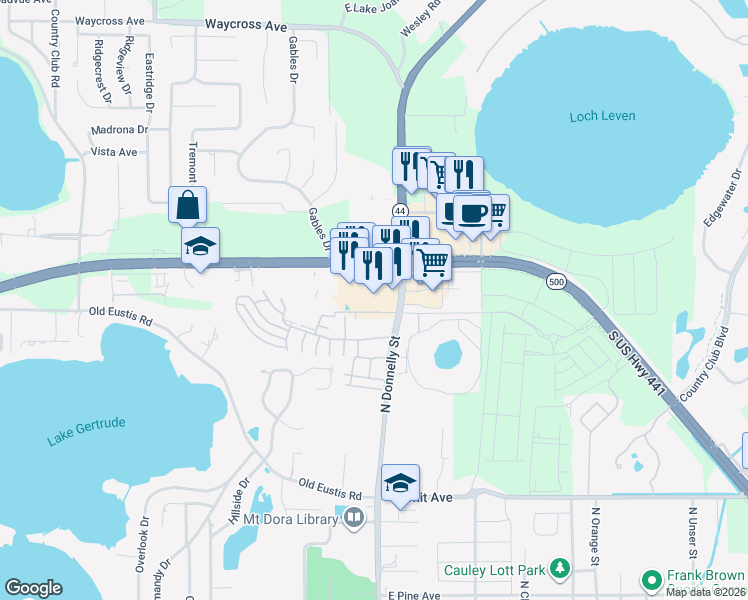 map of restaurants, bars, coffee shops, grocery stores, and more near 18840 U.S. 441 in Mount Dora