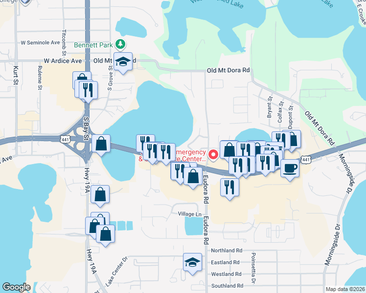 map of restaurants, bars, coffee shops, grocery stores, and more near 3012 Lake Woodward Drive in Eustis