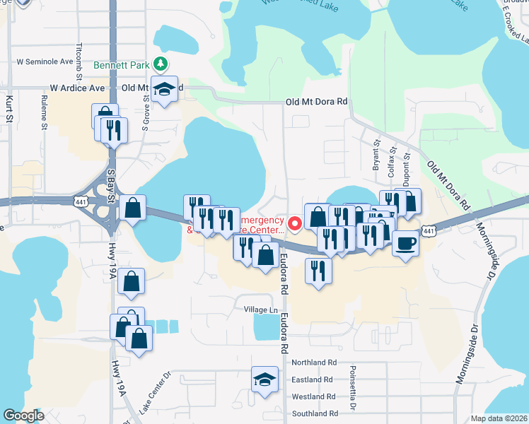 map of restaurants, bars, coffee shops, grocery stores, and more near 3012 Lake Woodward Drive in Eustis