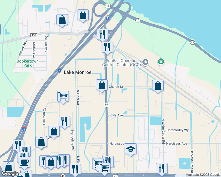 map of restaurants, bars, coffee shops, grocery stores, and more near 4055 Church Street in Sanford