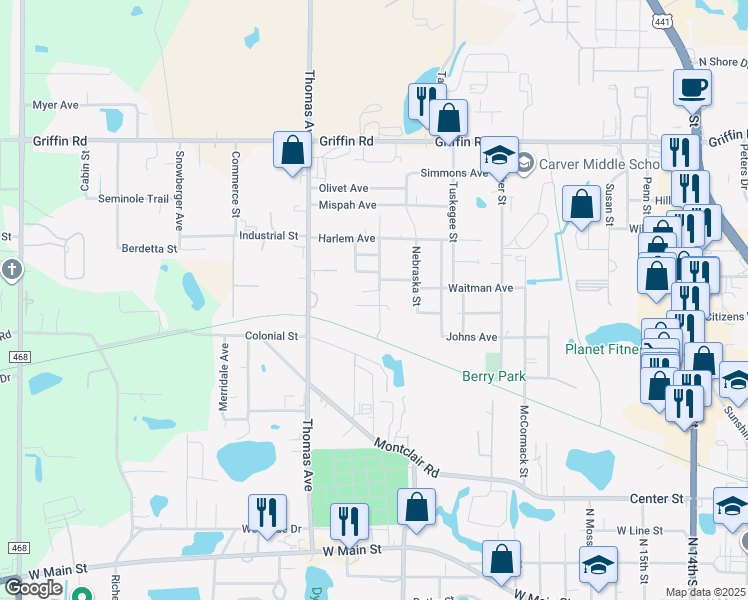 map of restaurants, bars, coffee shops, grocery stores, and more near 919 Stinson Street in Leesburg