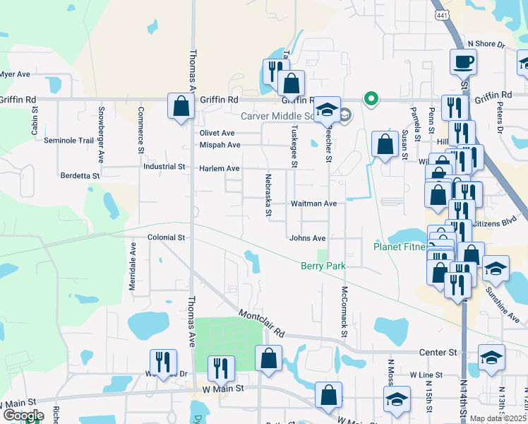 map of restaurants, bars, coffee shops, grocery stores, and more near 907 Nebraska Street in Leesburg