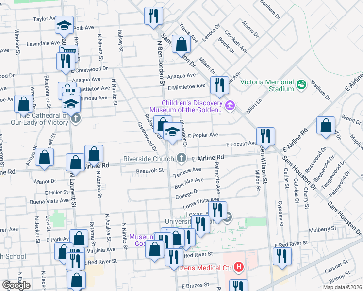 map of restaurants, bars, coffee shops, grocery stores, and more near 3405 Oleander Dr in Victoria