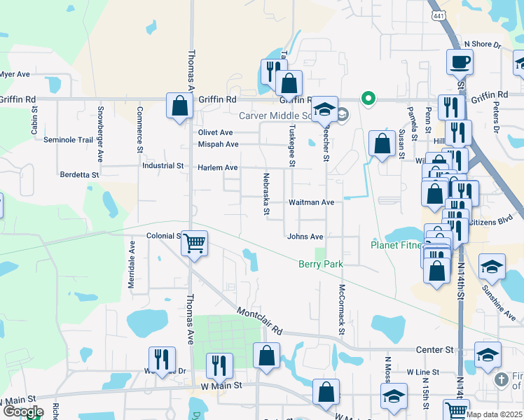 map of restaurants, bars, coffee shops, grocery stores, and more near 907 Nebraska Street in Leesburg
