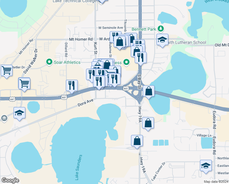 map of restaurants, bars, coffee shops, grocery stores, and more near 16150 U.S. 441 in Eustis