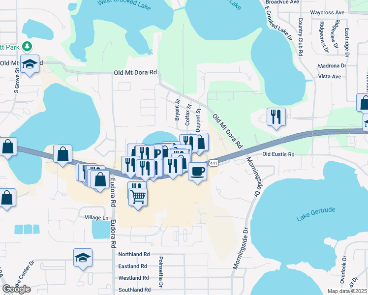 map of restaurants, bars, coffee shops, grocery stores, and more near 3006 Colfax Street in Eustis