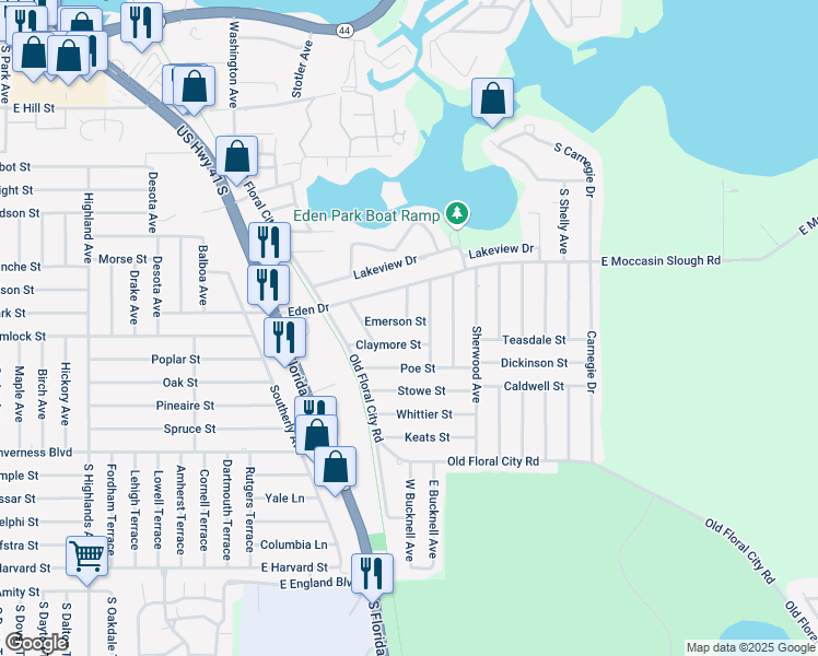 map of restaurants, bars, coffee shops, grocery stores, and more near 1317 Emerson Street in Inverness