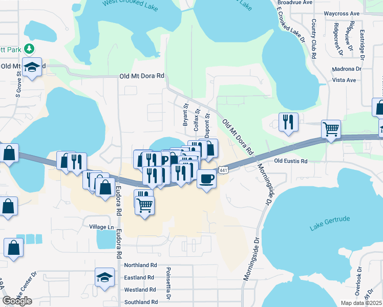 map of restaurants, bars, coffee shops, grocery stores, and more near 3006 Colfax Street in Eustis