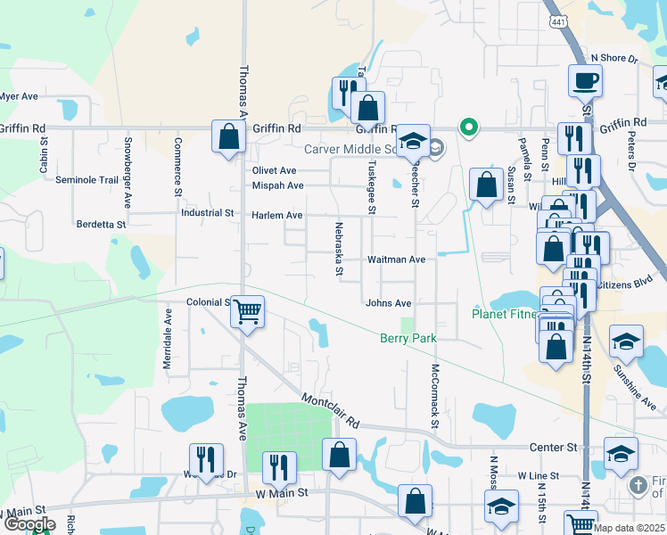 map of restaurants, bars, coffee shops, grocery stores, and more near 907 Nebraska Street in Leesburg