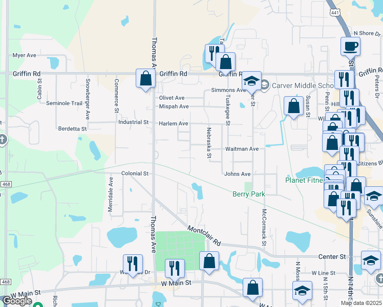 map of restaurants, bars, coffee shops, grocery stores, and more near 919 Stinson Street in Leesburg