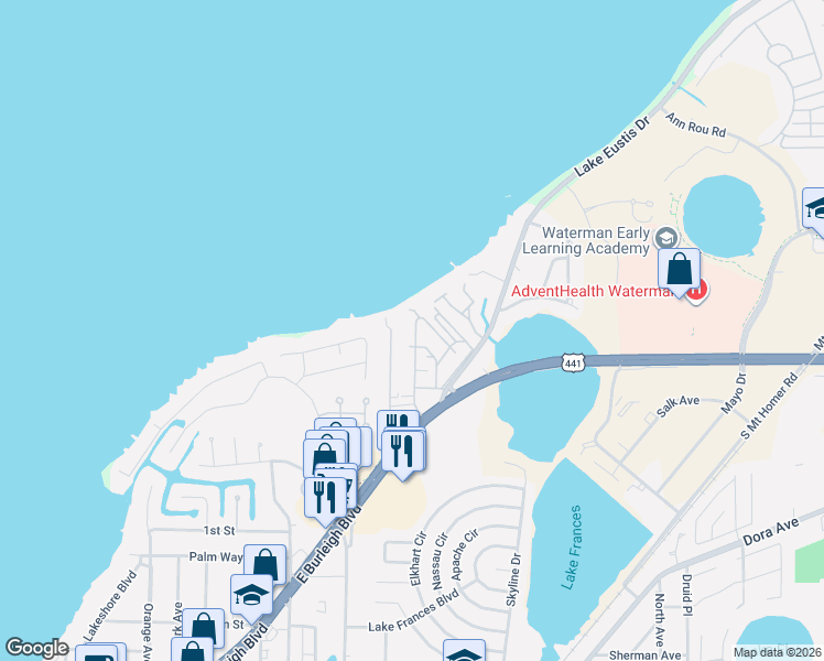 map of restaurants, bars, coffee shops, grocery stores, and more near 51-93 Douglas Drive in Tavares