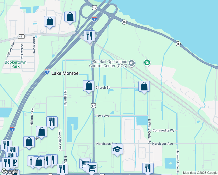 map of restaurants, bars, coffee shops, grocery stores, and more near 3814 Church Street in Sanford