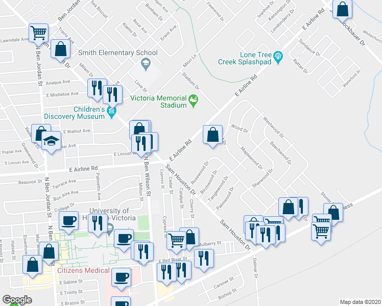 map of restaurants, bars, coffee shops, grocery stores, and more near 3103 East Airline Road in Victoria