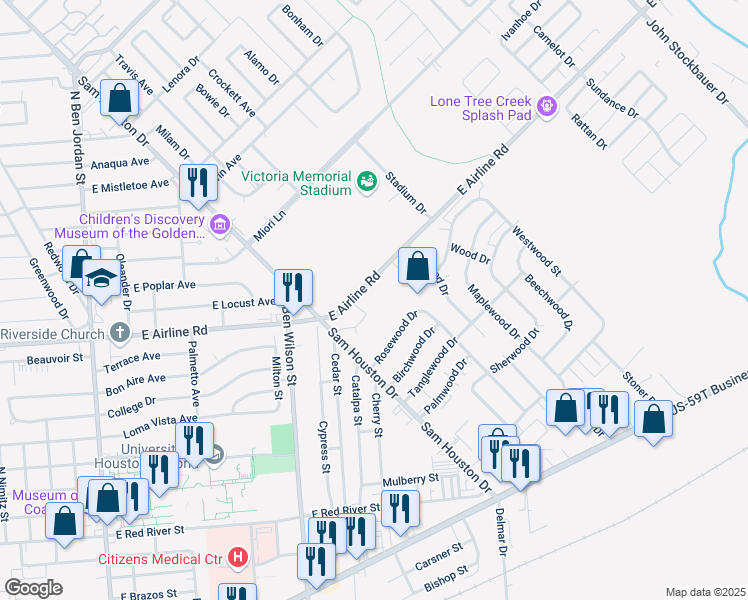 map of restaurants, bars, coffee shops, grocery stores, and more near 3103 East Airline Road in Victoria
