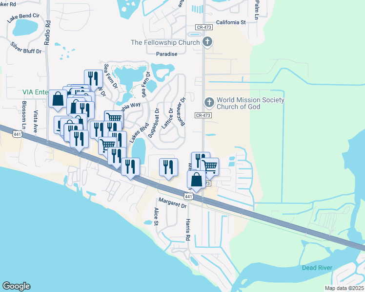map of restaurants, bars, coffee shops, grocery stores, and more near 32443 Memory Lane in Leesburg
