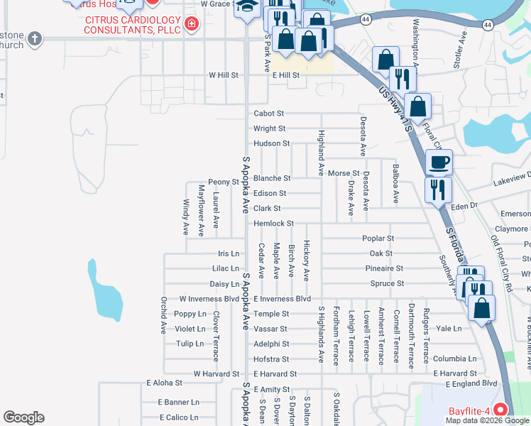 map of restaurants, bars, coffee shops, grocery stores, and more near 118 Hemlock Street in Inverness