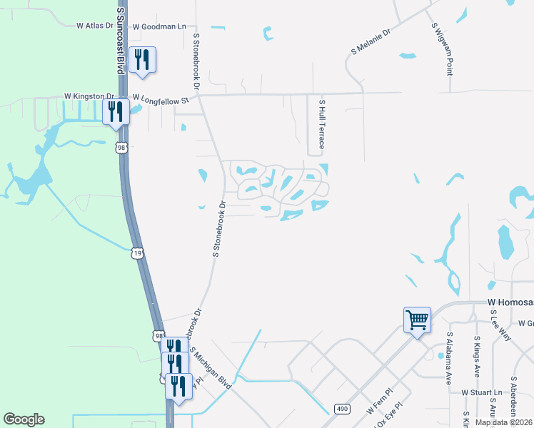 map of restaurants, bars, coffee shops, grocery stores, and more near 2671 South Pebblebrook Drive in Homosassa Springs