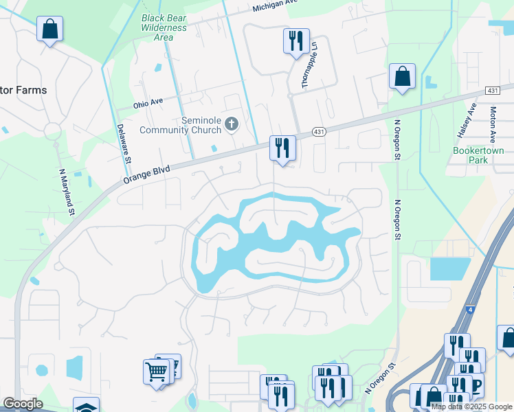 map of restaurants, bars, coffee shops, grocery stores, and more near 4981 Maple Glen Place in Sanford