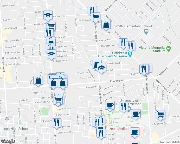 map of restaurants, bars, coffee shops, grocery stores, and more near 1999 East Poplar Avenue in Victoria