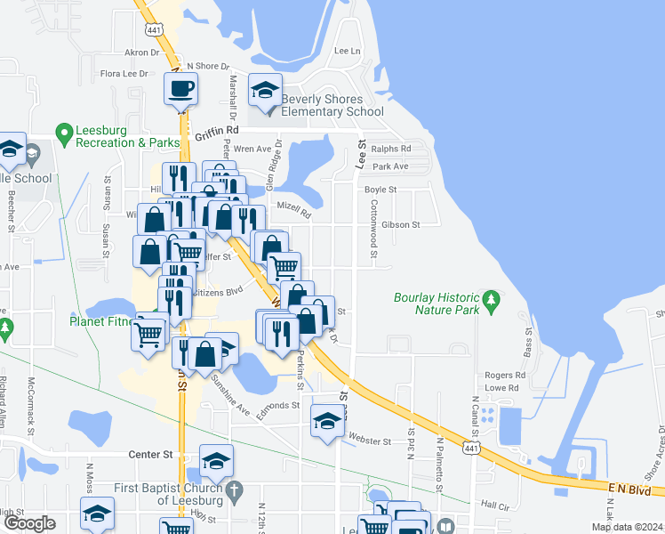 map of restaurants, bars, coffee shops, grocery stores, and more near 998 Miller Street in Leesburg