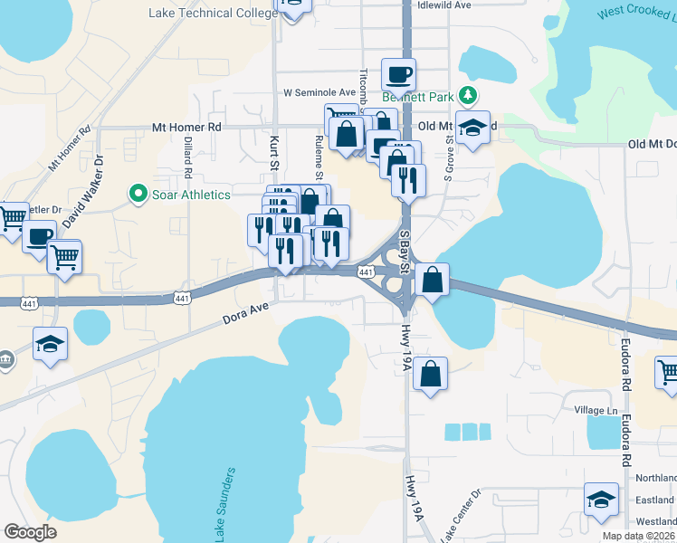 map of restaurants, bars, coffee shops, grocery stores, and more near 26300 County Road 19A in Eustis