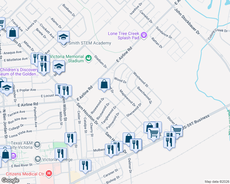 map of restaurants, bars, coffee shops, grocery stores, and more near 802 Linwood Drive in Victoria
