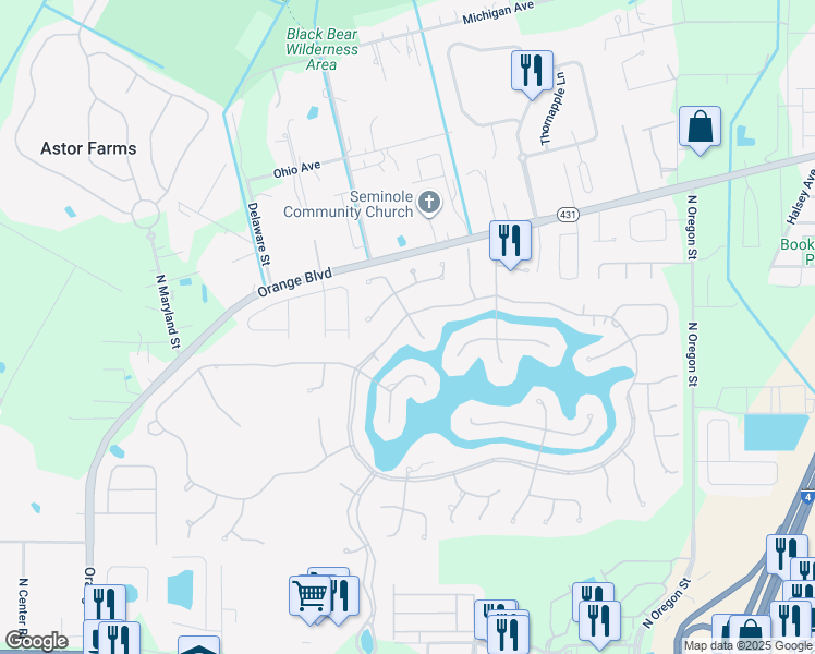 map of restaurants, bars, coffee shops, grocery stores, and more near 4930 Shoreline Circle in Sanford