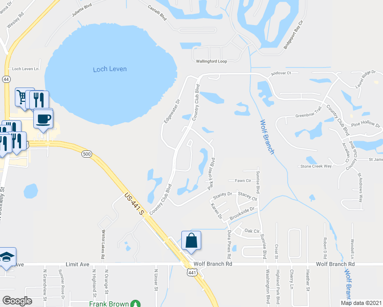 map of restaurants, bars, coffee shops, grocery stores, and more near 1760 Stafford Springs Boulevard in Mount Dora